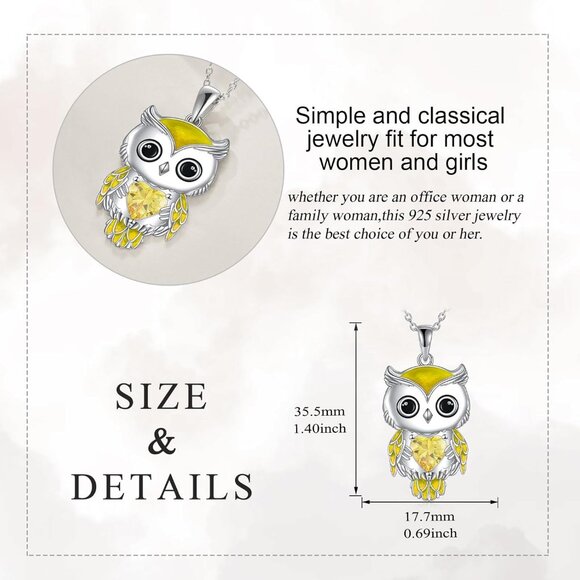 Women's Yellow Sterling Silver Birthstone Cubic Zirconia Pendant Owl Necklace - Picture 5 of 7